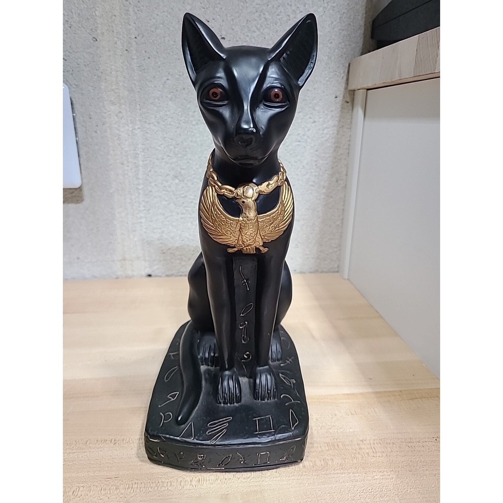 Ancient Egyptian Bastet Black Cat Gold Bird Siamese‎ Sculpture MCM Style 11.5"